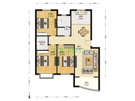 时代骏庭 3室1厅2卫 133平方