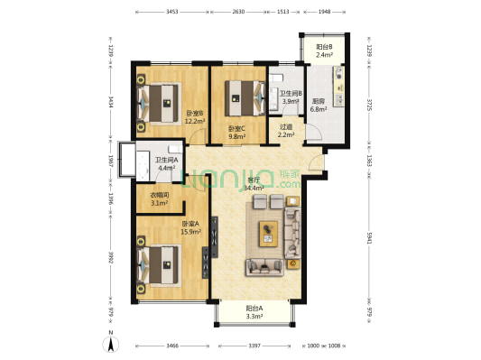 丰和园 3室1厅2卫 141平方