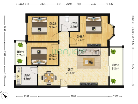 金色池塘 3室1厅1卫 95平方
