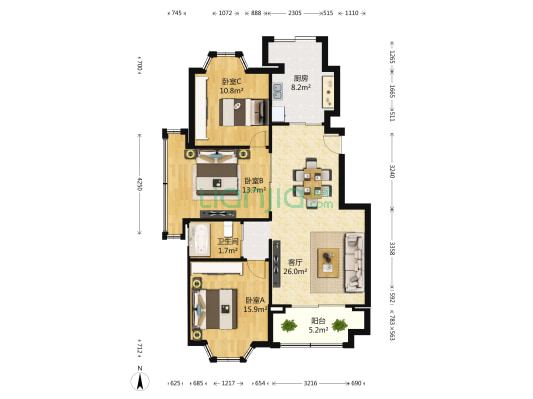 海逸公寓 3室1厅1卫 105平方