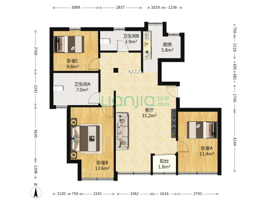 银泰花园一期 3室1厅2卫 114平方