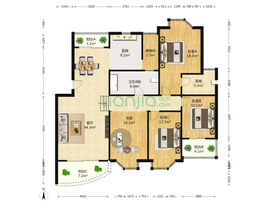 龙府花园 4室1厅1卫 169平方