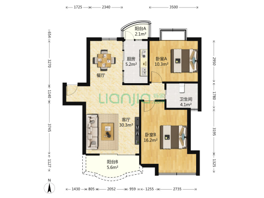 翰城国际 2室1厅1卫 97平方