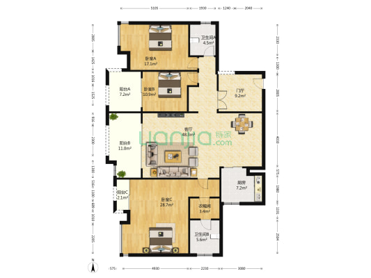 万科金域蓝湾二期 3室1厅2卫 166平方