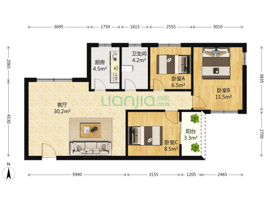 龙江庭苑B区 3室1厅1卫 92平方