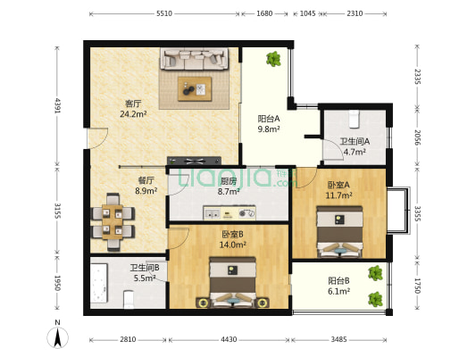 锦宏翠苑 2室2厅2卫 113平方