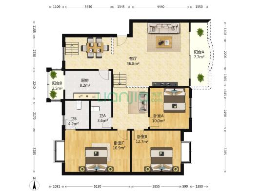 亲河名居A区 3室1厅2卫 142平方