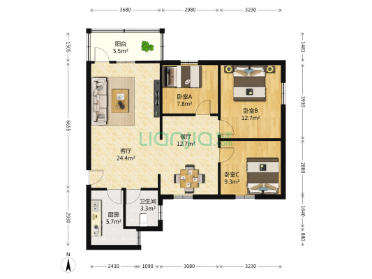 金丽园 3室2厅1卫 100平方