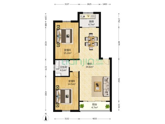 明月山庄 2室1厅1卫 80平方