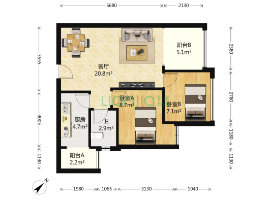 重百汉正广场 2室1厅1卫 64平方