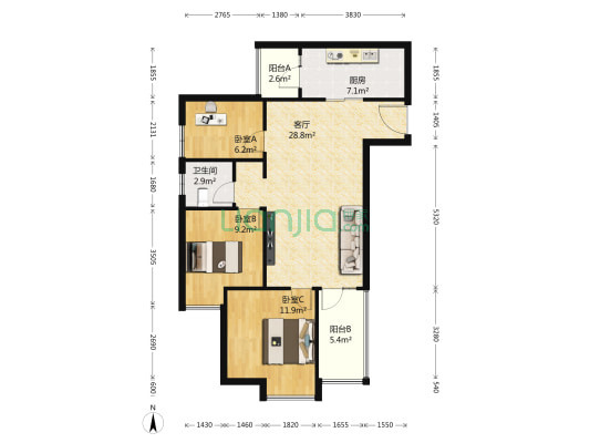 航天城上城一期 3室1厅1卫 88平方