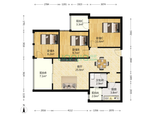 弗客城 3室1厅1卫 89平方