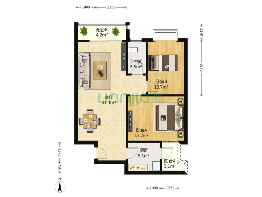 和谐公寓 2室1厅1卫 91平方