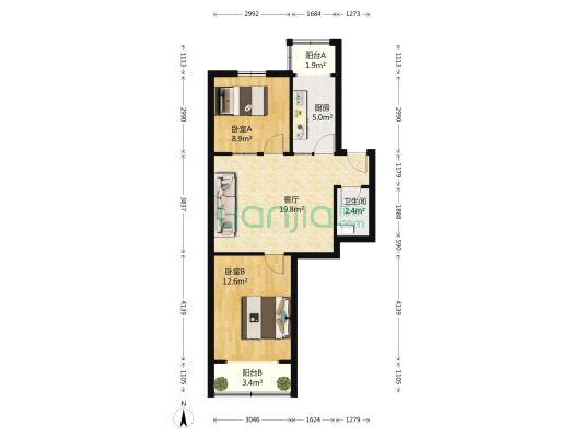 人民一路2-5号 2室1厅1卫 76平方