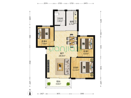 湾厦玉竹苑 3室1厅1卫 93平方
