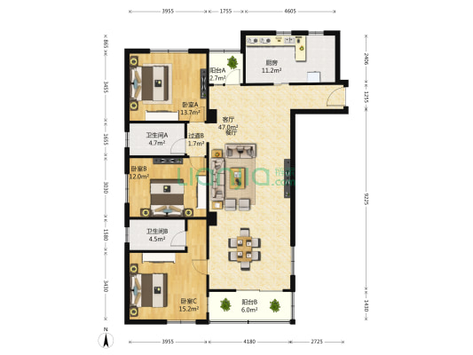 大德公寓 3室1厅2卫 171平方