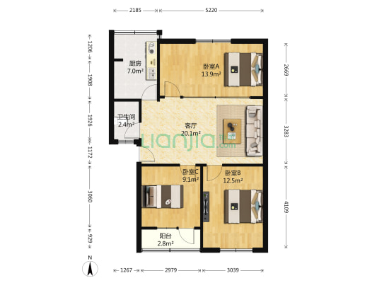 丰产路91号院 3室1厅1卫 87平方