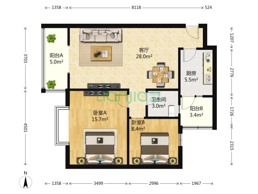 西区御景 2室1厅1卫 85平方