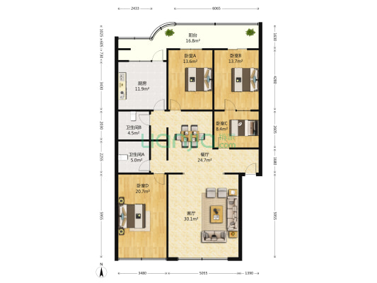 4室2厅2卫 164平方