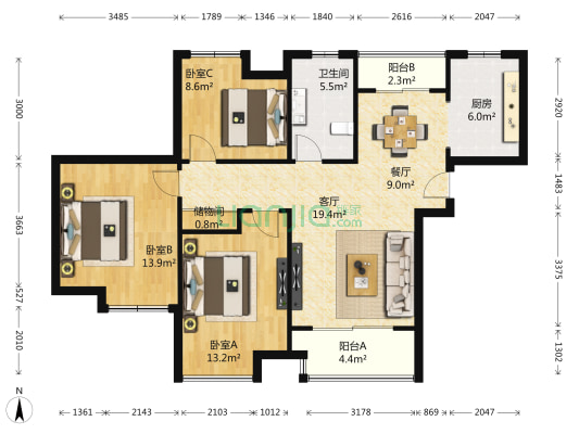 绿地启航城 3室2厅1卫 106平方