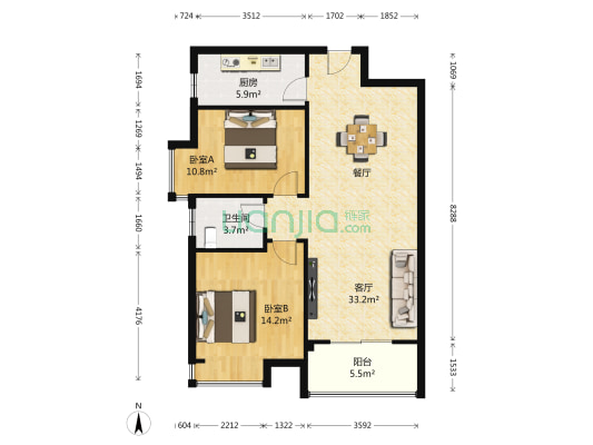龙城铭园一期 2室1厅1卫 95平方