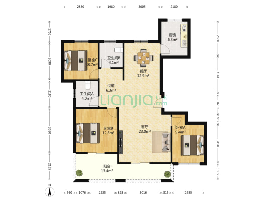 楚天都市沁园 3室2厅2卫 137平方