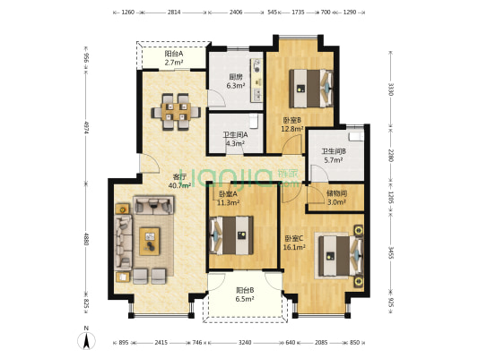 中大长江紫都一期 3室1厅2卫 124平方