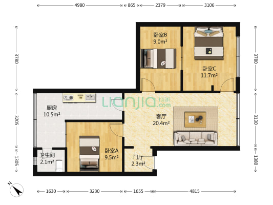 红庙子街60号 3室1厅1卫 63平方