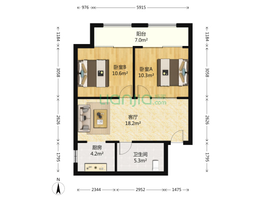 富力城A区 2室1厅1卫 80平方