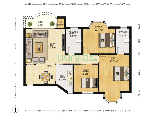 金色世家 3室1厅2卫 116平方