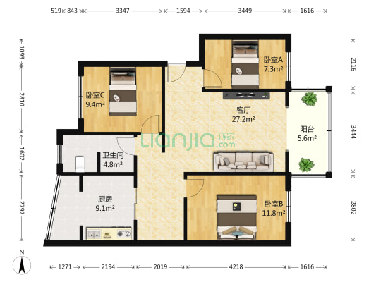 宁江社区 3室1厅1卫 90平方