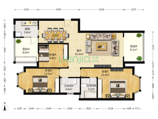 博雅新城E区 3室1厅2卫 136平方