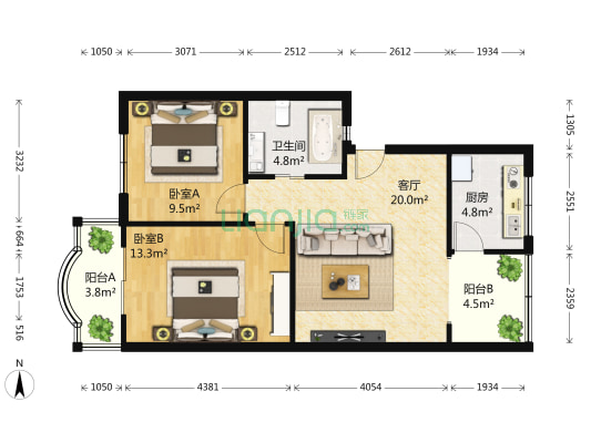 园丁园 2室1厅1卫 77平方
