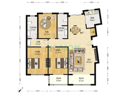 望族苑 3室1厅2卫 154平方