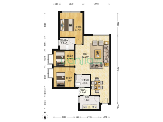 海上海南苑 3室1厅2卫 89平方
