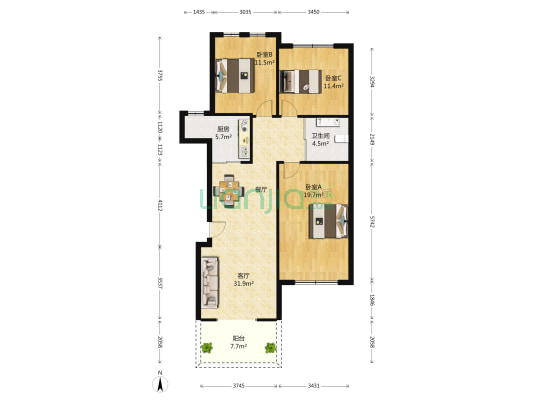 阳光地中海 3室1厅1卫 110平方