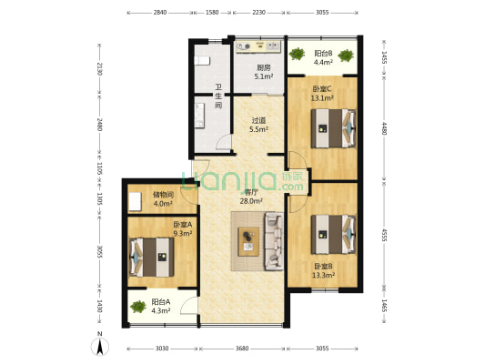 智业公寓 3室1厅1卫 118平方