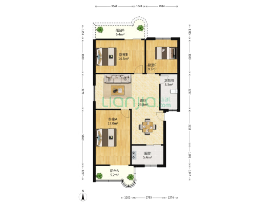 恒富苑 3室1厅1卫 117平方