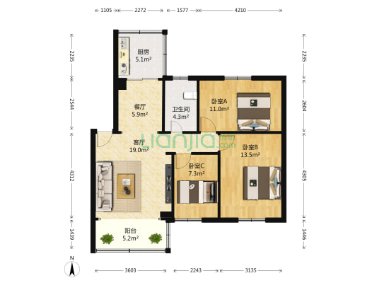 公路局宿舍新洲小区 3室2厅1卫 80平方