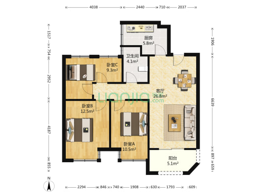 金地湖城艺境 3室1厅1卫 97平方