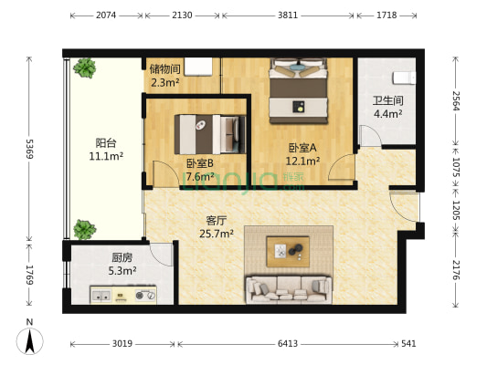 成南领寓 2室1厅1卫 90平方