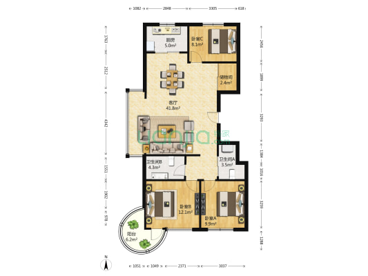 湖畔嘉园 3室1厅2卫 123平方