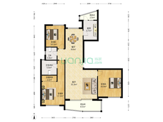 古北国际广场 3室2厅2卫 166平方