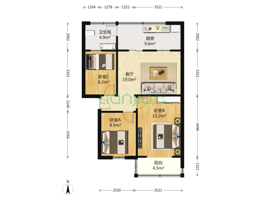 电子研究所宿舍 3室1厅1卫 57平方
