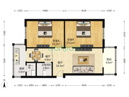 干槐树街6号 2室2厅2卫 76平方