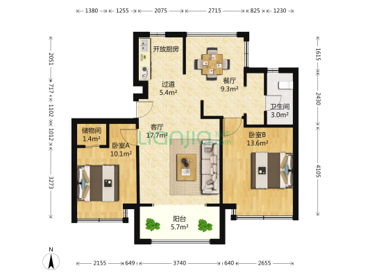 怀盛怡庭 2室2厅1卫 89平方