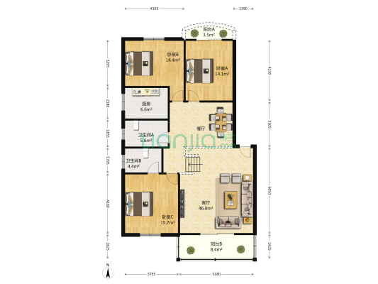 广场小区 3室1厅2卫 141平方