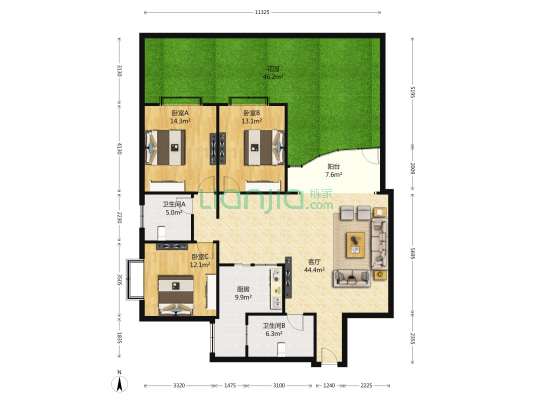 翠堤雅筑 3室1厅2卫 141平方